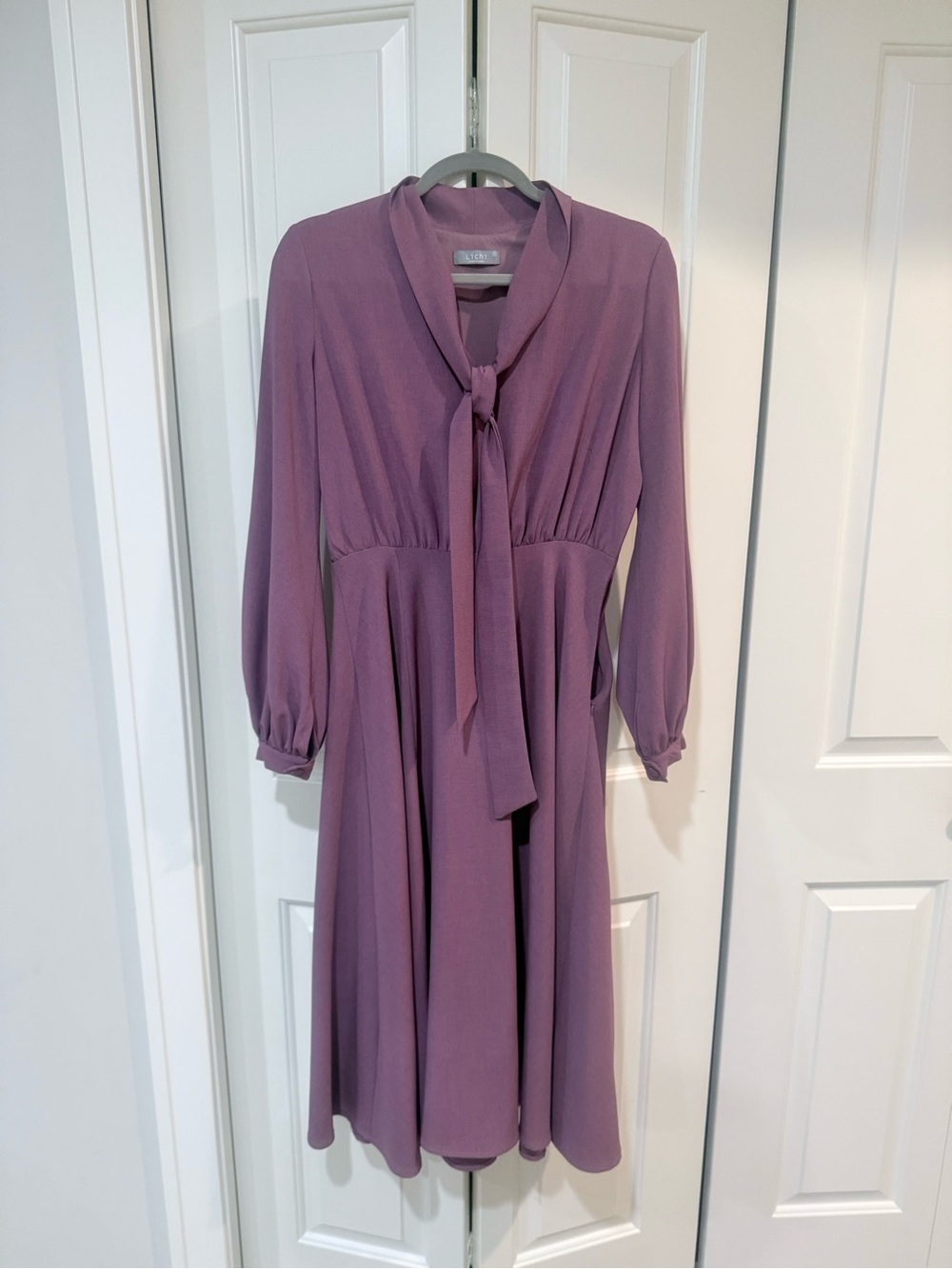 Midi Tie-Neck Long Sleeve Dress in Dusty Lavender
